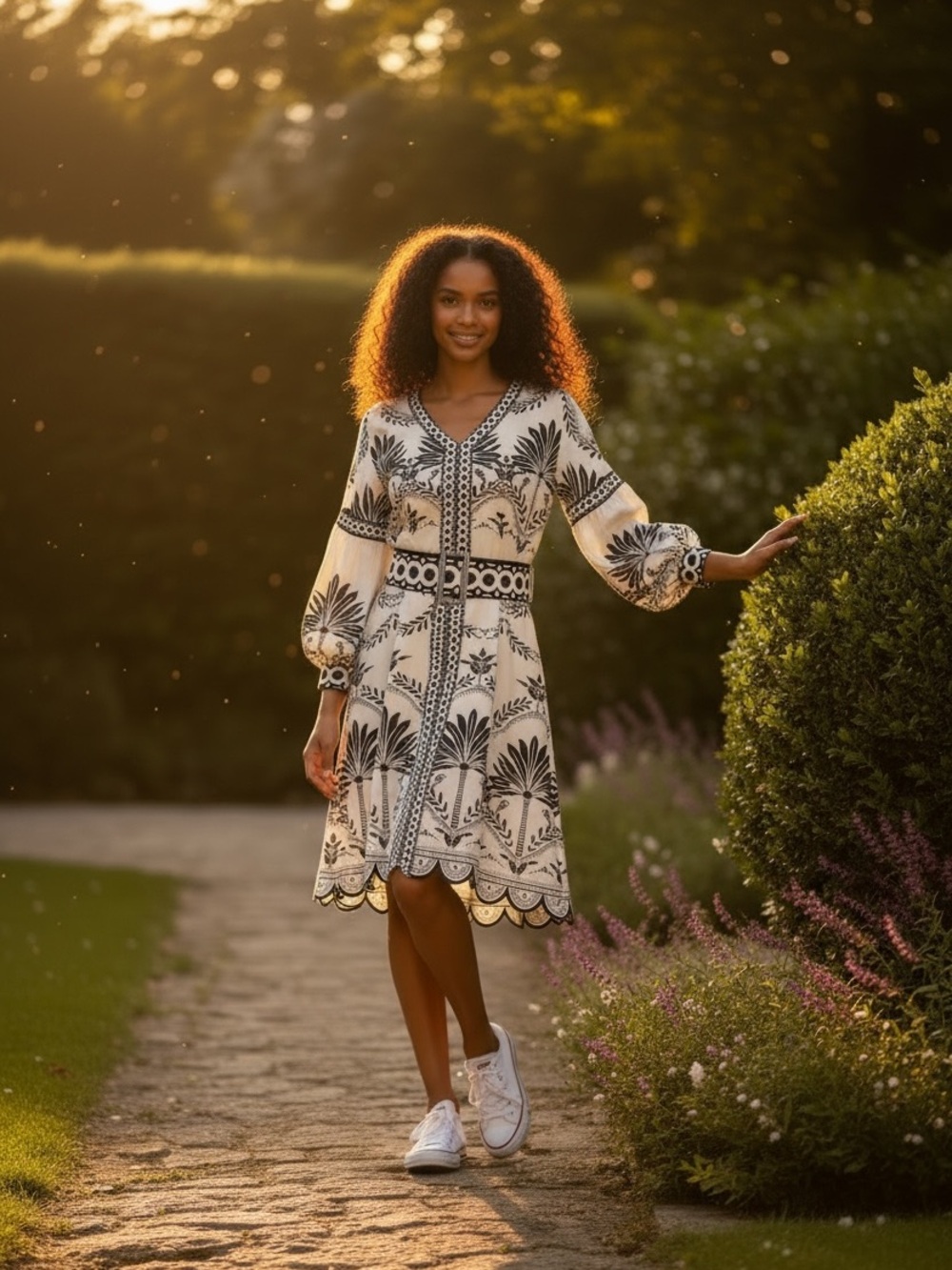 Commense Ivory and Black Printed Long Sleeve Dress